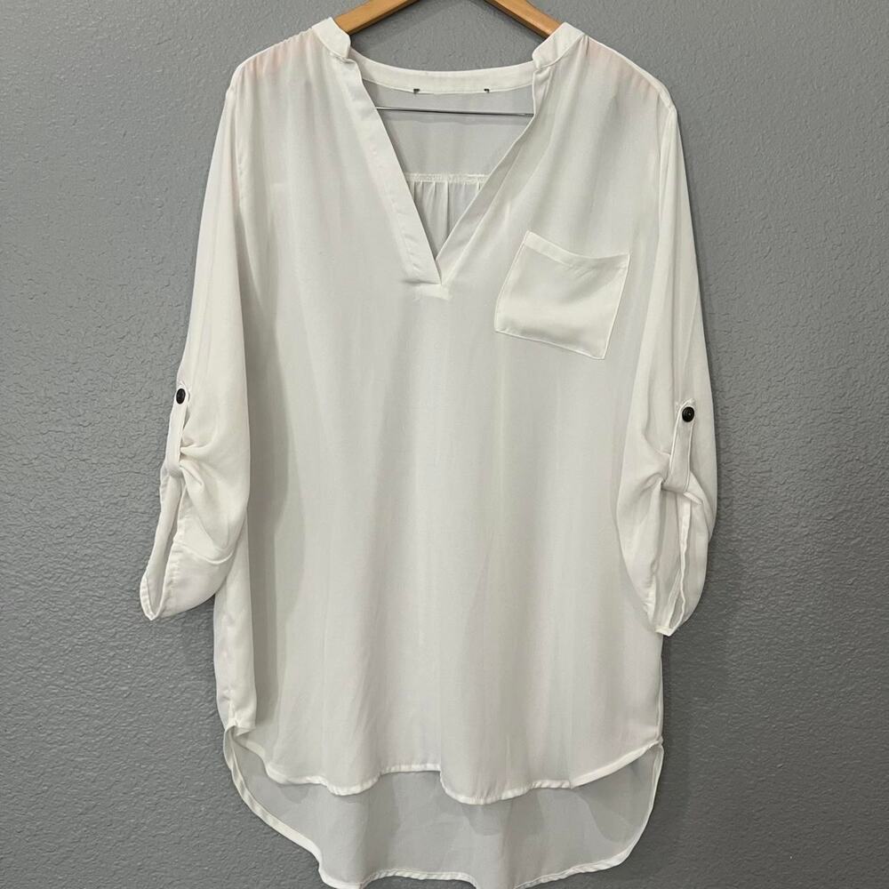 White Sheer V-Neck Roll Tab Sleeve Tunic 1X